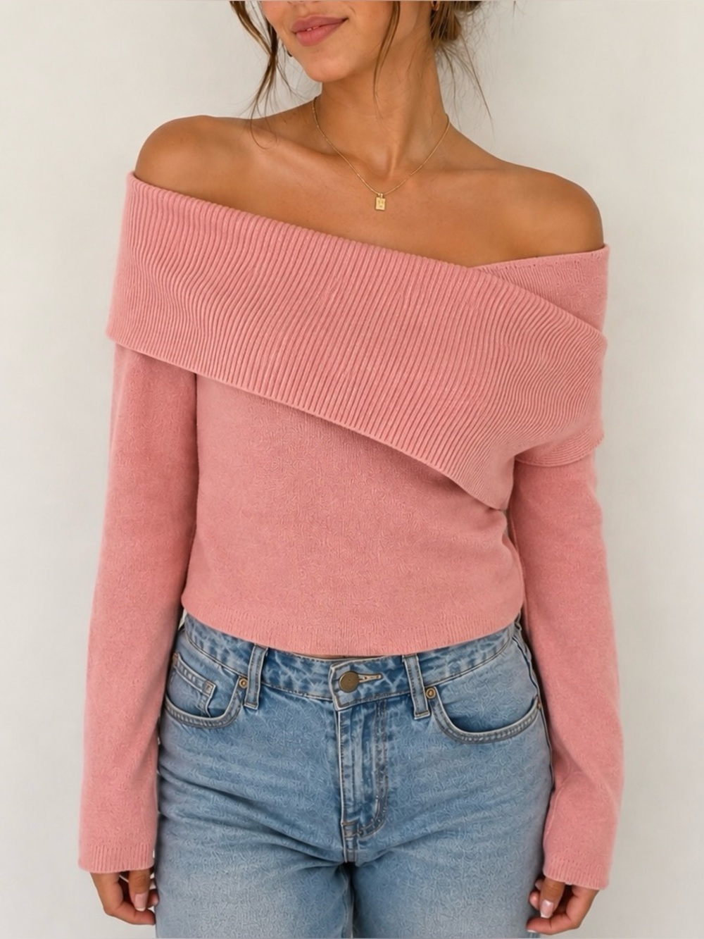 Abbeline Pink Off Shoulder Ribbed Knit Sweater Top NWT Soft Girl Coquette Chic
